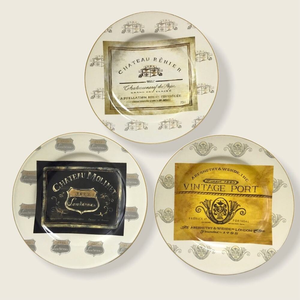 Sakura 3 Set  8" Platters Wine Vintage Label Collection Cheese Plates
